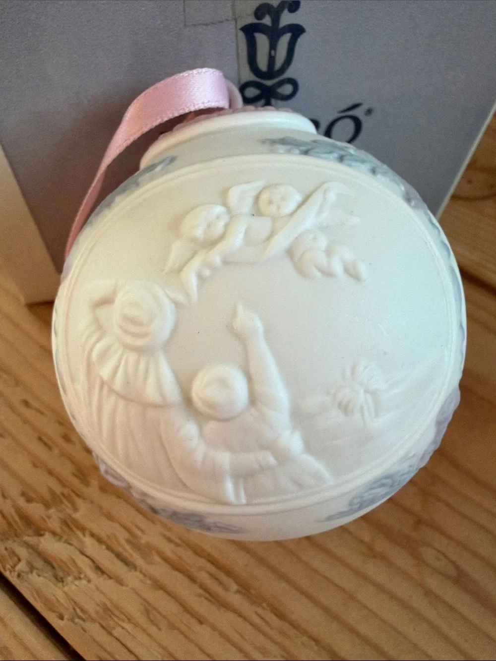Lladro White Porcelain Holiday Ornament with Pink Top & Ribbon